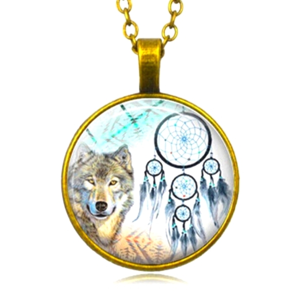 NEW! WOLF DREAMCATCHER GLASS CABOCHON NECKLACE - Picture 2 of 3